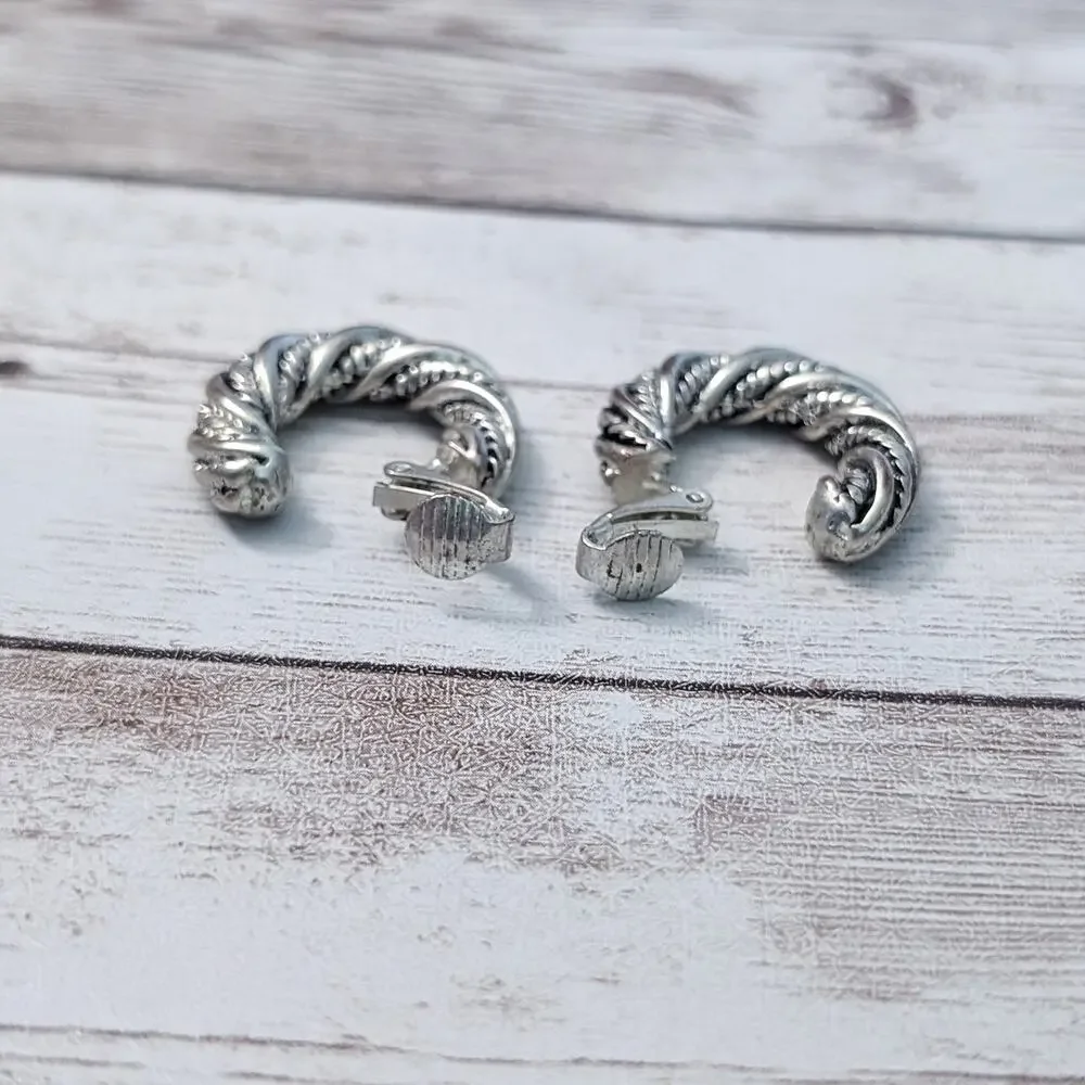 Vintage Clip On Earrings Silver Tone Twisted Rope Style Hoops - Some Tarnish